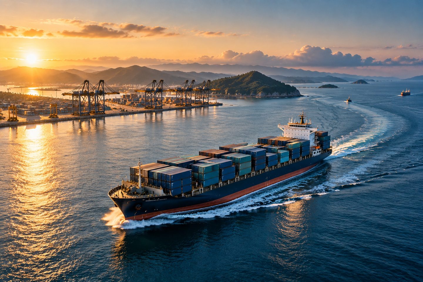 Tàu container rời cảng biển nước sâu ra khơi