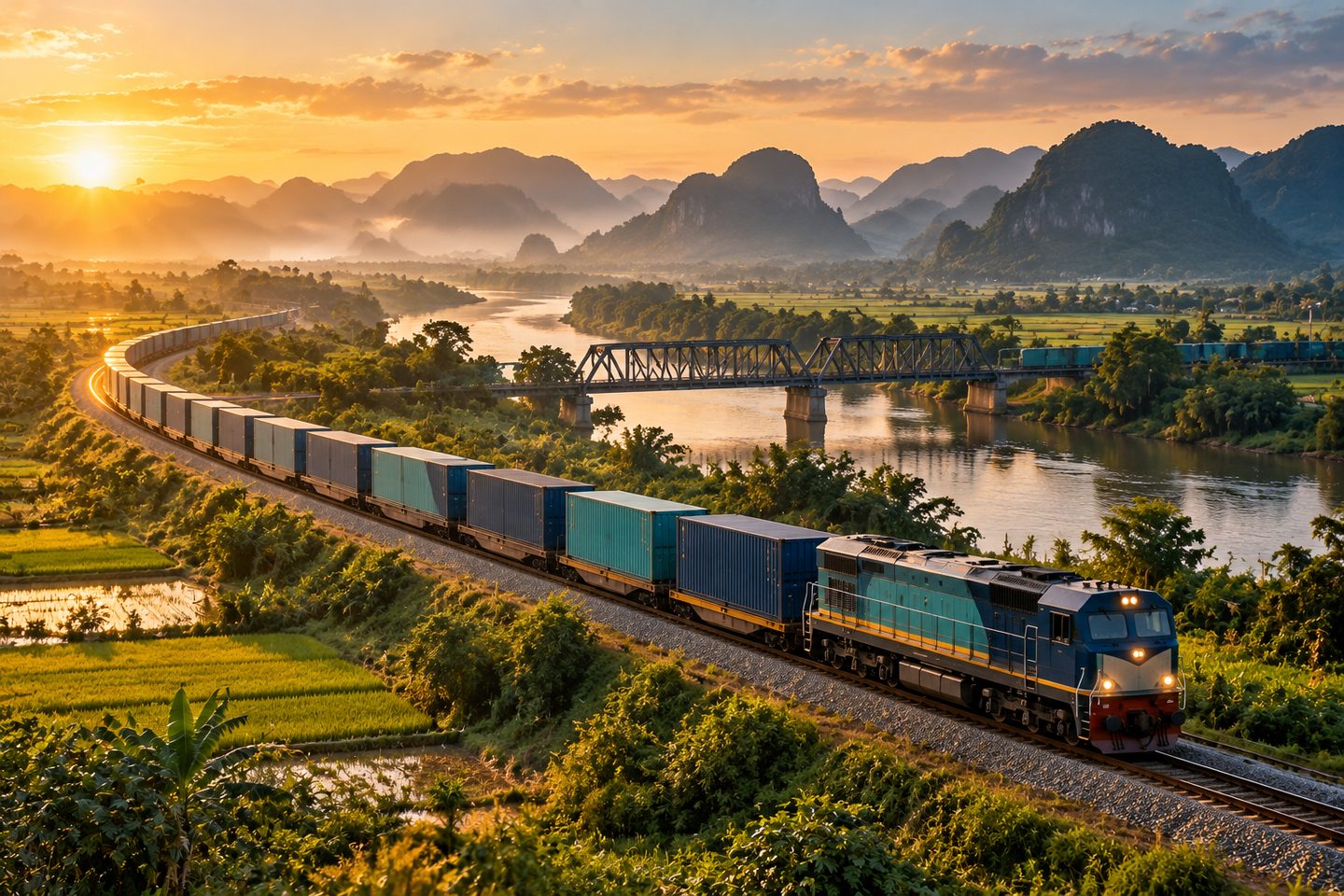 Đoàn tàu container chạy qua cánh đồng và cây cầu thép