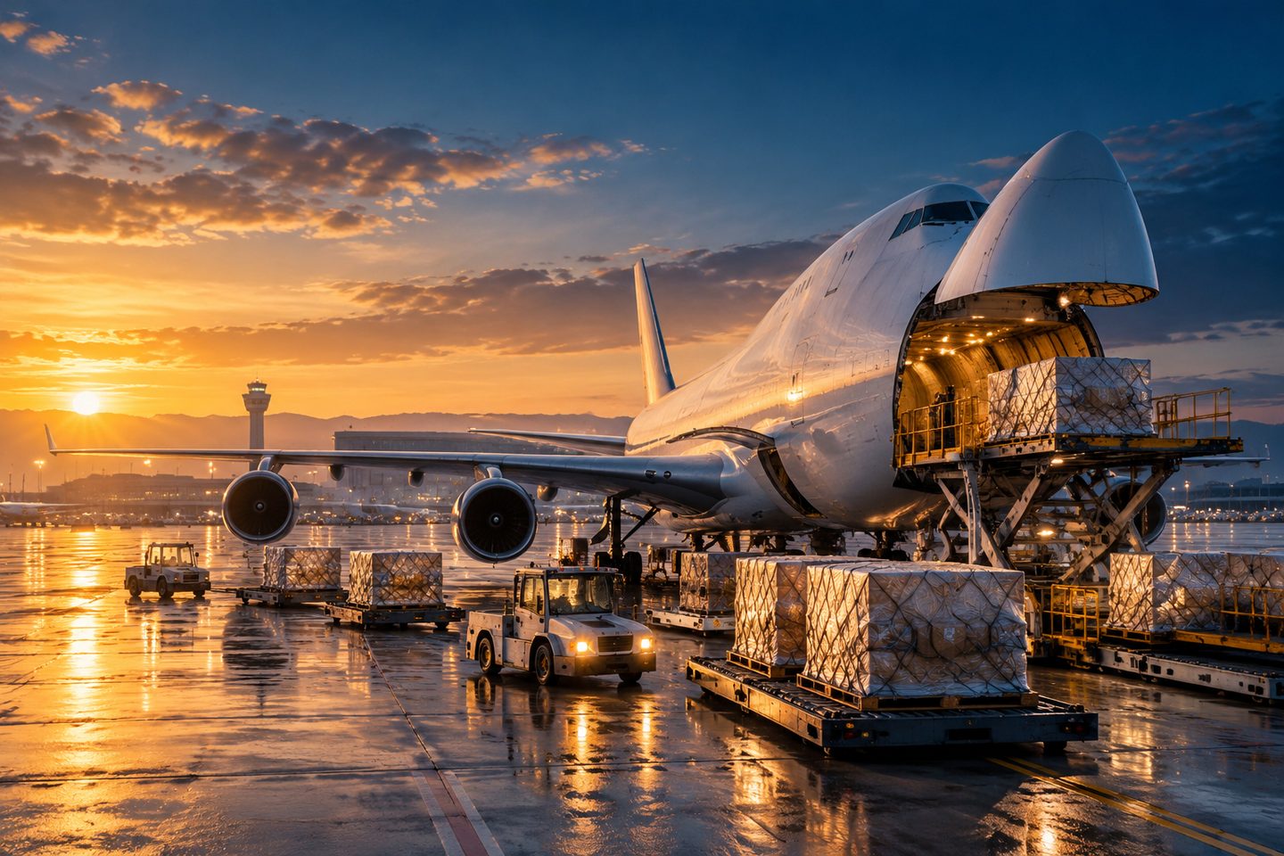 Máy bay chở hàng đang xếp pallet trên sân đỗ lúc bình minh