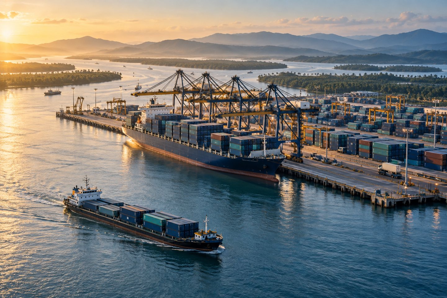 Cảng container và tuyến sông trong ánh sáng đầu ngày
